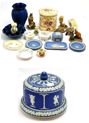 Lot 5482 - A blue jasper stilton cheese dome and base (a.f.), three Border Fine Art figures, miniature crested