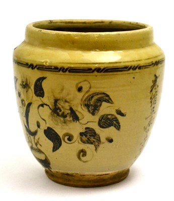 Lot 5489 - A Chinese Cizhou jar, decorated with urns of flowers and calligraphy in sepia on a buff field