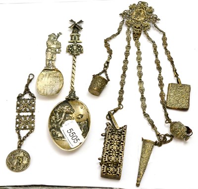 Lot 5505 - A Victorian chatelaine, cycling medal and two Dutch white metal spoons