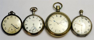 Lot 5512 - Four pocket watches, one case stamped '0.800' and a white metal chain