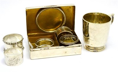 Lot 5547 - Group of silver including Christening mug, cigarette box, bangle and five napkin rings (8)