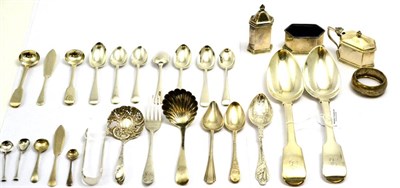 Lot 5555 - Group of silver including tea, coffee and salt spoons, condiments, George III serving spoons,...