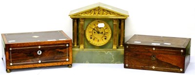 Lot 5560 - A green onyx mantel clock and two rosewood work boxes