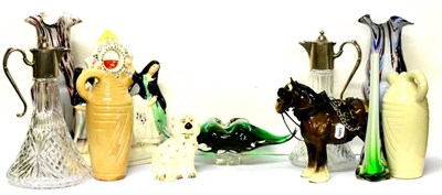 Lot 5562 - Beswick cart horse, Staffordshire clock group, coloured glassware and sundry (on two trays)