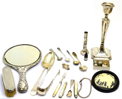 Lot 5573 - A group including a Russian enamel spoon, silver thimbles and a bottle form cigar cutter