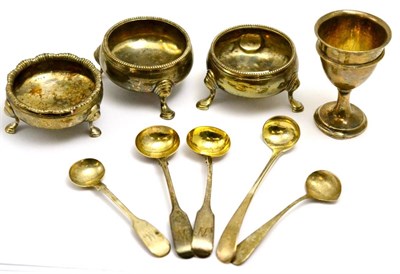 Lot 5584 - Three silver cauldron salts, an egg cup and five salt spoons