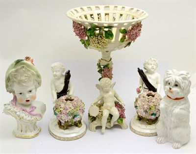 Lot 5602 - Pair of Schneeballen cherub groups, Heubach begging dog, centrepiece and cherub bust