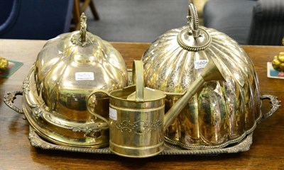 Lot 5605 - Two silver plated meat dome covers, a twin handled tray and a watering can