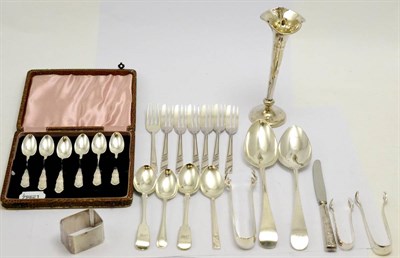 Lot 5627 - A collection of silver and silver plate including two Bateman tablespoons, napkin ring, coffee...