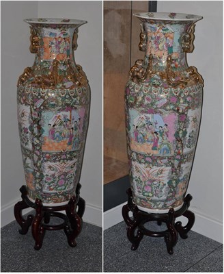 Lot 5646 - Pair of Cantonese style porcelain baluster vases of recent date, decorated in famille rose...