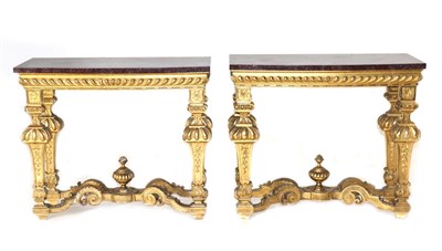 Lot 964 - A Pair of 19th Century Giltwood Pier Tables, of Régence design, the bowed Egyptian porphyry marble