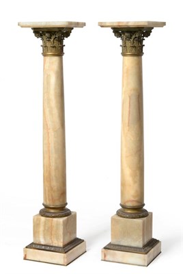 Lot 965 - A Pair of Green Alabaster Onyx Gilt Metal Pedestals, late 19th/early 20th century, the square...