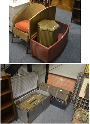 Lot 6025 - Three pieces of Lloyd Loom comprising tub chair, laundry basket and ottoman and four travelling...