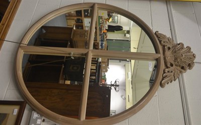 Lot 6035 - Modern decorative quartered circular mirror surmounted with a leaf carved crest