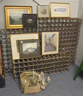 Lot 6037 - Three open wine racks together with a group of wall lights and seven various prints,...