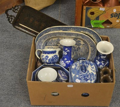 Lot 6039 - Quantity of blue and white pottery, Oriental metalware, etc (one box)