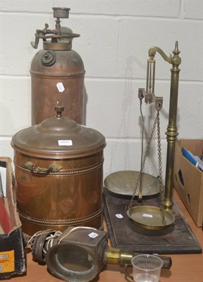 Lot 6047 - Brass pan scales, coach lamp, fire extinguisher and a coal bucket (4)