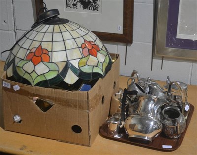 Lot 6050 - A Tiffany style ceiling light, a quantity of copper, brass and silver plate (tray and box)