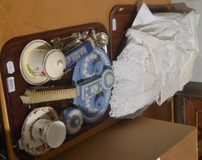 Lot 6051 - Wedgwood Jasperware dressing table set, gilt metal mounted dressing set, souvenir spoons,...