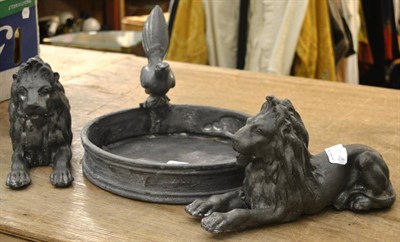 Lot 6081 - Pair of lead lions and a lead bird bath (3)