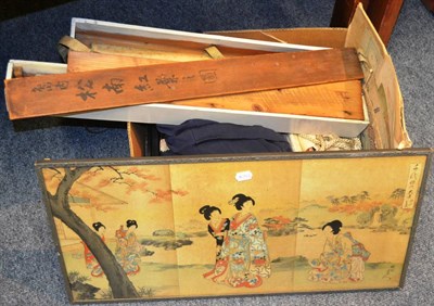 Lot 6114 - Box of assorted Japanese and Oriental scrolls, kimono, etc