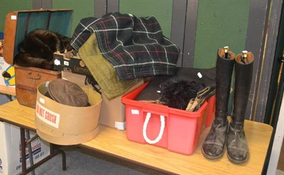 Lot 6121 - A tartan wool carriage rug, machine worked wall hanging, two bowler hats, a pair of black...