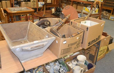 Lot 6124 - A pine dough bin, stool, toilet mirror, trouser press, quantity of walking sticks, large copper...