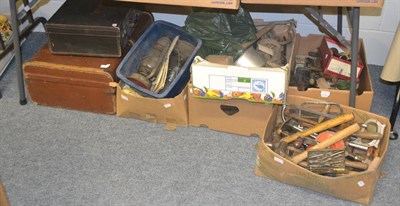 Lot 6144 - Six boxes of tools, lamps, baking equipment etc and two suitcases