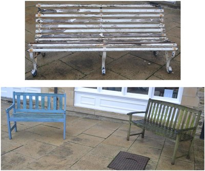 Lot 6152 - Two wooden garden benches together with a cast iron framed garden bench with wooden slats (3)