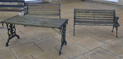 Lot 6153 - Painted cast iron garden bench with wooden slatted top, together with two cast iron and wooden...