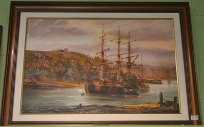 Lot 6178 - Peter Gerald Baker, Endeavour, Whitby Harbour, 1760's, signed, oil on canvas