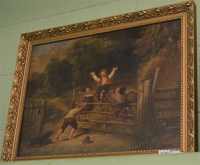 Lot 6180 - Victorian framed oil on canvas, children playing on a gate