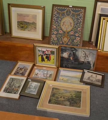 Lot 6199 - L G Kersley, Arncliffe, watercolour; eight various pictures and prints; and a woolwork panel (10)