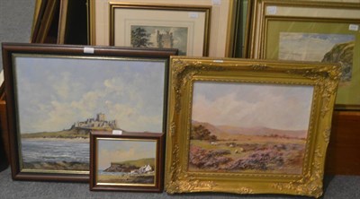 Lot 6206 - Colin Russell, sheep grazing in a moorland landscape, oil on board; Bamburgh Castle, oil on...