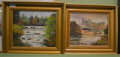 Lot 6227 - Gerald Hodgson, Richmond Castle and Aysgarth Falls signed, oils on board (a pair)