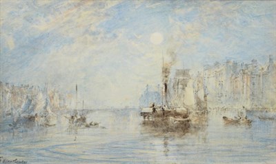 Lot 5 - George Weatherill (1810-1890) The Lower Harbour, Whitby, by moonlight with a steam tug and...