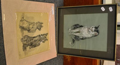 Lot 6240 - Sarah Grice, charcoal terriers, and two gouache painting of a dog and cat (3)