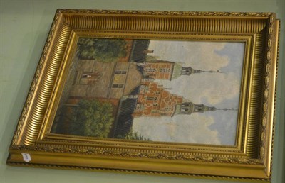 Lot 6244 - Oil on canvas, architectural views of figures under an arch with buildings behind