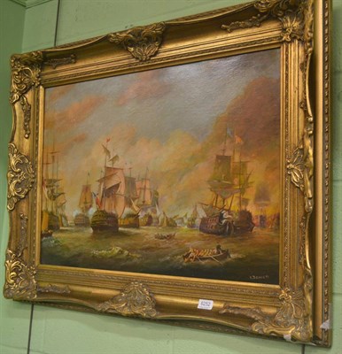 Lot 6252 - H Bennett (20th century), figures in a rowing boat before junk boats, signed, oil on canvas