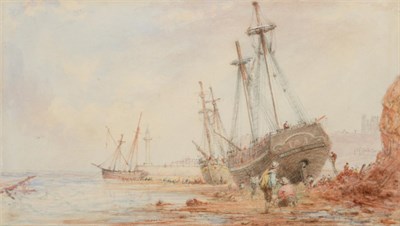 Lot 7 - George Weatherill (1810-1890) Beached vessels before Whitby Abbey with various figures at low...