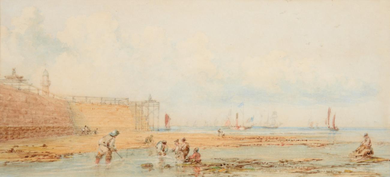 Lot 8 - George Weatherill (1810-1890) Fisher folk trawling in low tide below the pier, with shipping beyond