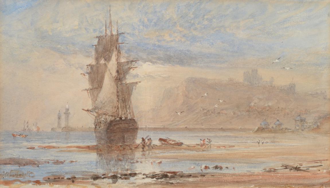 Lot 9 - George Weatherill (1810-1890) Beached ship with fisher folk upon the sands and a view of Whitby...