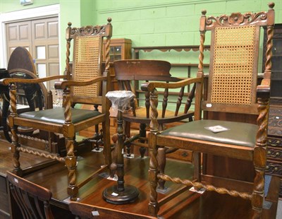 Lot 6279 - A pair of carved and turned oak carver chairs and a smoker's stand with brass ashtray