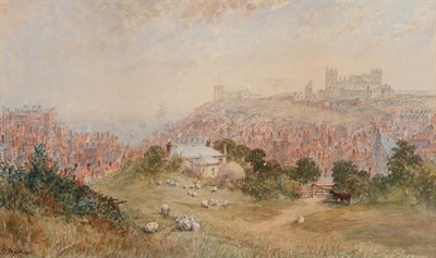 Lot 10 - George Weatherill (1810-1890)  Sheep and cattle grazing before an extensive view of Whitby...