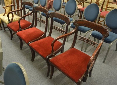 Lot 6320 - A set of four Regency mahogany framed dining chairs with brass inlay including two carvers