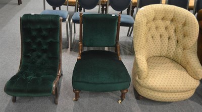 Lot 6327 - A Victorian button upholstered tub chair on turned feet together with two similarly upholstered...