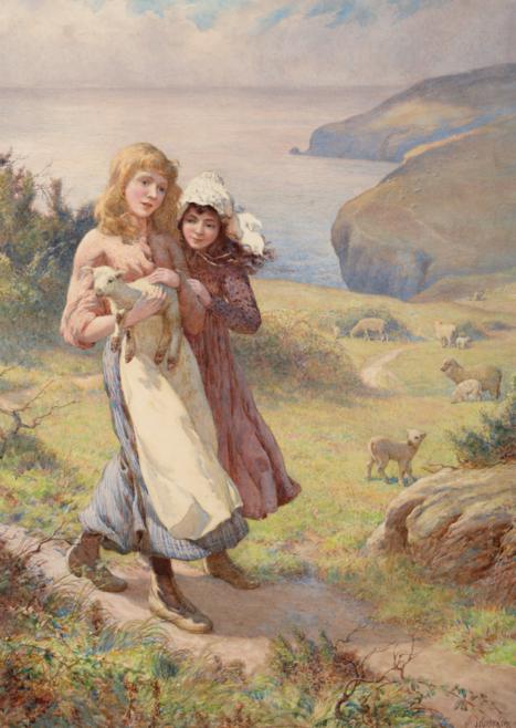 Lot 14 - Joseph Kirkpatrick (1872-1930)  Country girls holding a lamb before a coastline  Signed,...