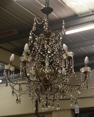 Lot 6396 - Six-branch chandelier with pear shaped clear and amethyst pendant drops