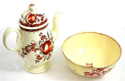 Lot 29 - Leeds pottery coffee pot and cover and a Leeds pottery bowl painted typically with flower sprays