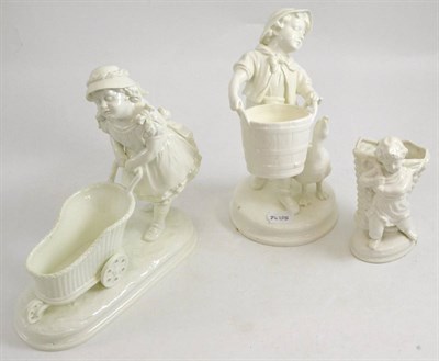 Lot 32 - Brownfield figure of a girl with a pram, another of a boy carrying a bucket and a Continental...